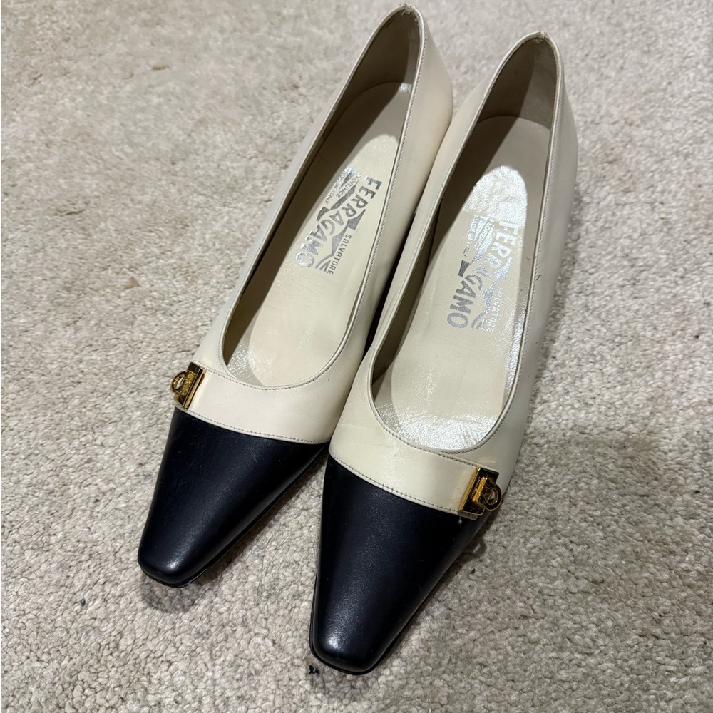 Salvatore Ferragamo Vintage Classic Black and White Cap Toe Heels Gold